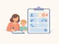 Une femme et un enfant remplissent un formulaire médical avec des icônes de santé.