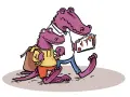 Deux crocodiles, un parent et un enfant, marchent ensemble. L'enfant porte un sac à dos, le parent lit un document, peut-être un certificat d'aptitude à la vie en collectivité modèle.