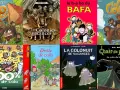 Bandes dessinées et livres pour enfants sur le thème des colonies de vacances, avec des illustrations variées allant de l'humour à l'effroi.