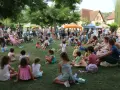 Une foule joyeuse, petits et grands, profite d'une fête de village. Une belle idée animation fête de village, avec des stands et des gens assis sur l'herbe.
