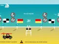 Illustration de zones de baignade et de pratiques nautiques avec drapeaux, panneaux et un véhicule de secours.
