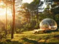 Cabane bulle transparente dans une forêt ensoleillée.