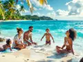 Famille profitant d'un voyage mer paradisiaque, rires et soleil sur une plage tropicale aux eaux turquoise.