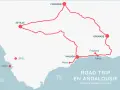 Carte d'un road trip en Andalousie avec les villes de Séville, Cordoue, Grenade, Malaga et Cadix.