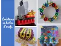 Collage de créations pour enfants en boîtes d'œufs : bateau pirate, couronne de fleurs, coffre au trésor et monde marin.