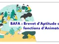 Illustration de personnes autour d'un feu et plantant des arbres, avec le texte "BAFA : Brevet d'Aptitude aux fonctions d'Animateur".