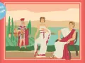 Illustration de la Rome antique avec un soldat, une femme et un homme assis.