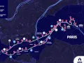 Carte du parcours du marathon de Paris avec des points de ravitaillement et de rafraîchissement.