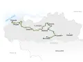 Carte de la Flandre avec un itinéraire vert reliant Ostende, Bruges, Gand, Malines, Anvers, Bruxelles, Louvain et Hasselt.