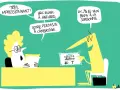 Dessin humoristique : un candidat présente un diplôme de la Sorbonne, tandis qu'un recruteur lit des qualifications impressionnantes.