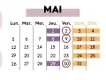 Calendrier du mois de mai. Les dates du 2, 9 et 30 sont entourées, peut-être pour marquer des jours de vacances scolaires en Europe.