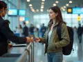 Une jeune femme remet son passeport à un agent à l'aéroport. Faut-il un passeport pour aller à Majorque ? La réponse dépend de votre nationalité.