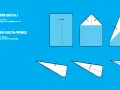 Illustration montrant les étapes de pliage d'un avion en papier, avec un avion terminé.