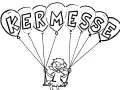 Dessin d'une joyeuse enfant sur une balançoire, portée par des ballons formant le mot "KERMESSE".