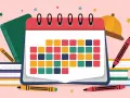 Un calendrier scolaire coloré avec des livres, des crayons et un chapeau.