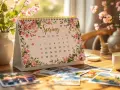 Calendrier de printemps décoré de fleurs roses, avec des photos et une tasse de café.