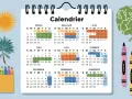 Calendrier coloré avec des crayons, un soleil et un palmier, parfait pour planifier les vacances scolaires à Amsterdam.