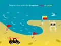 Plage avec une voiture de secours, des drapeaux rouge et jaune indiquant la zone de baignade surveillée, et des vagues.