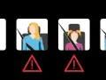 Illustration de personnes en voiture avec ceintures de sécurité : une femme bien attachée (sourire vert), une enfant mal attachée et deux femmes mal attachées (triangles rouges).
