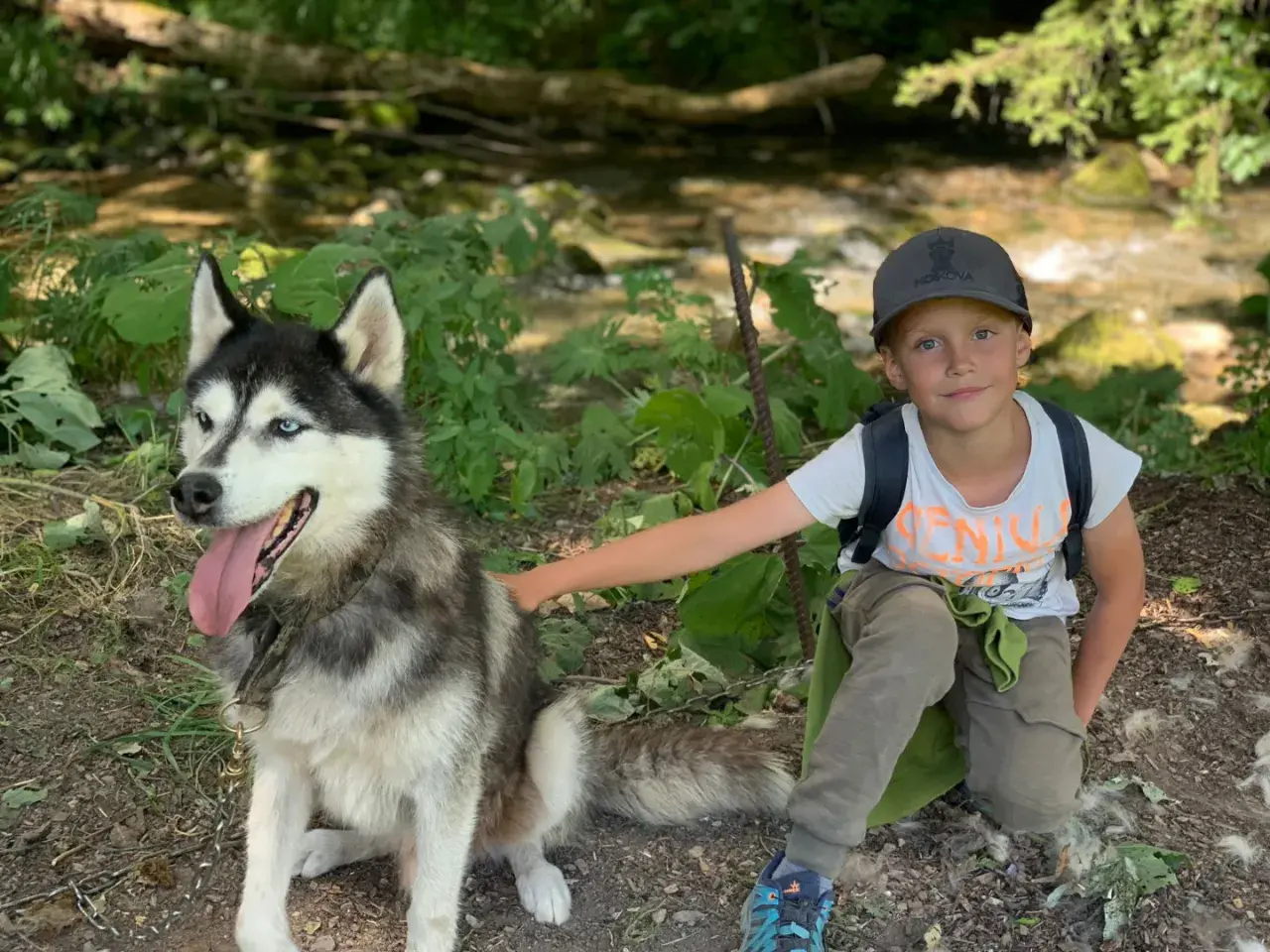 Un garçon et son husky profitent d'une aventure en pleine nature, un souvenir de leur colonie de vacances à l'étranger.