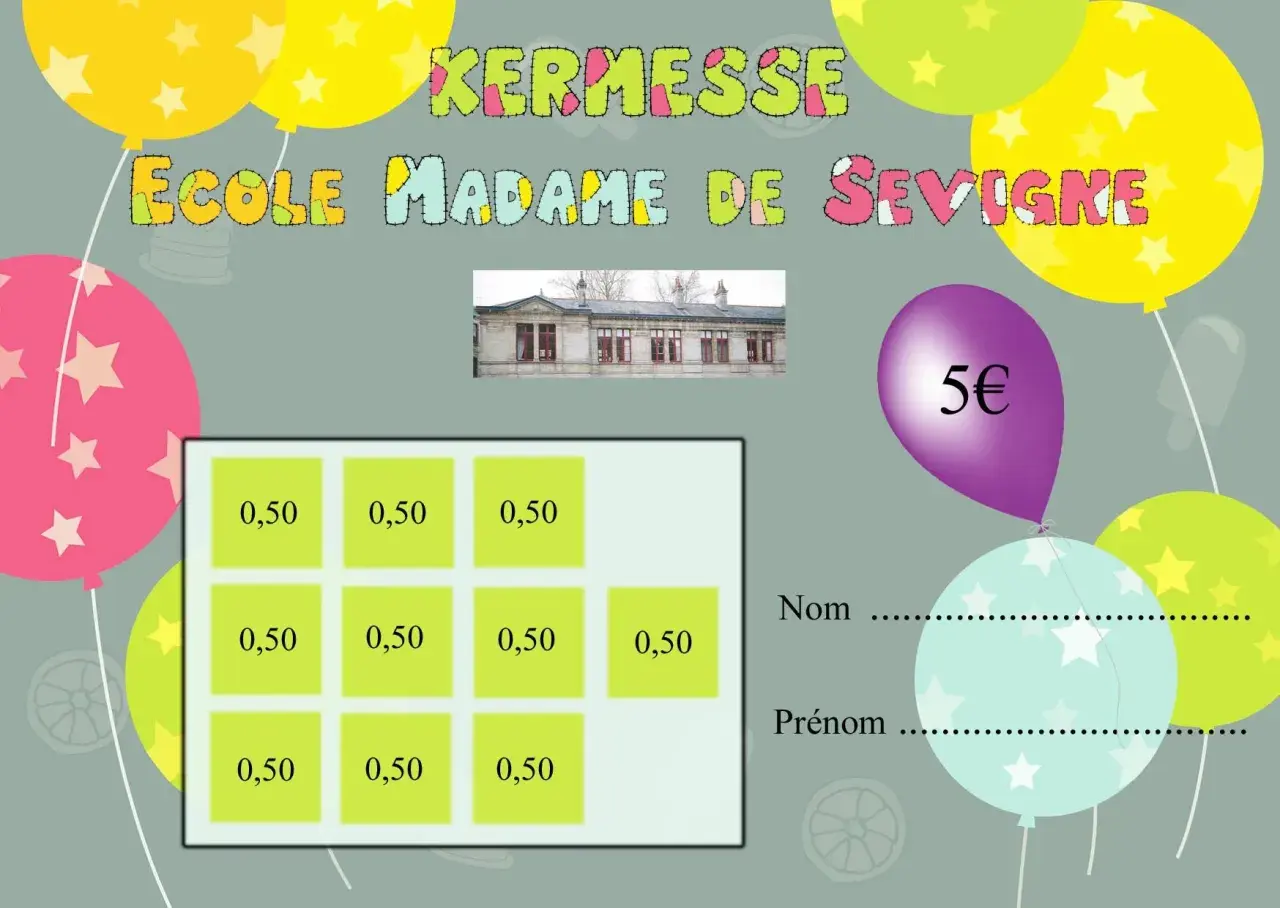 Carte à tamponner pour la kermesse de l'école Madame de Sévigné. Chaque case coûte 0,50€.