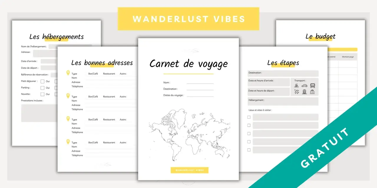 Ensemble de fiches pour une fiche organisation voyage : hébergements, bonnes adresses, carnet de voyage, étapes et budget.