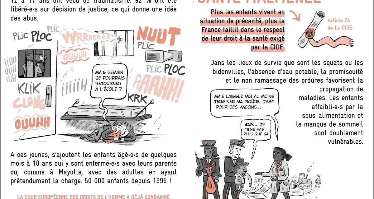 Dessin d'un enfant enfermé derrière des barreaux, puis allongé sur un lit de camp, entouré de sons et de cris.