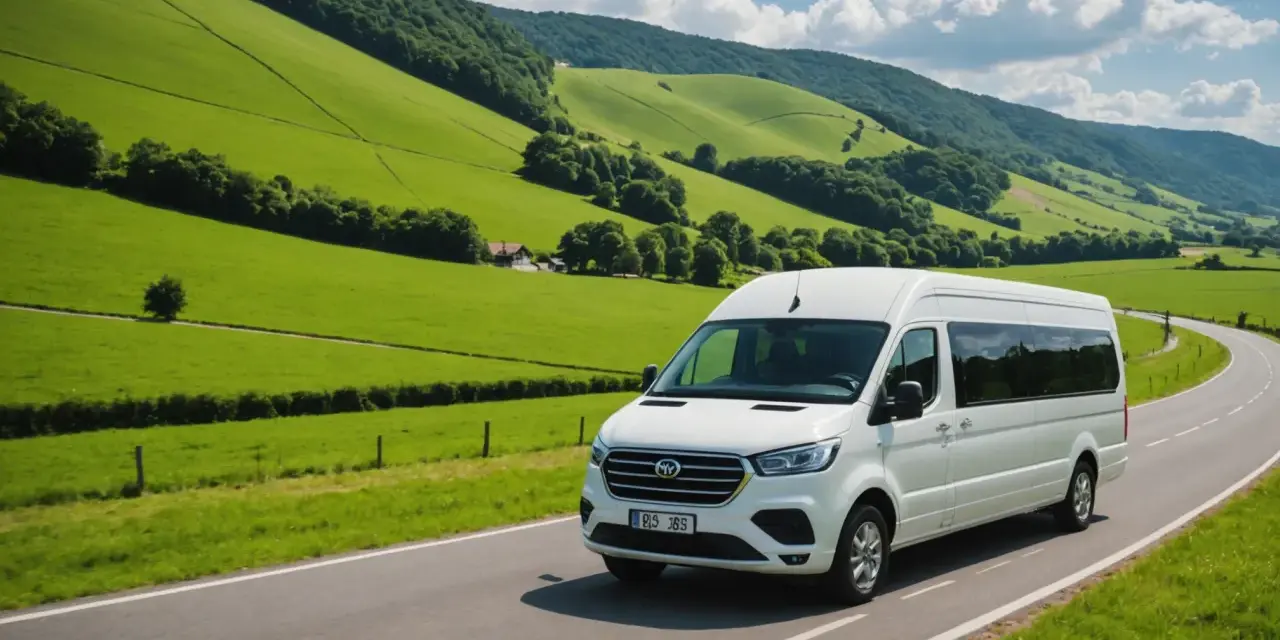 Minibus blanc sur une route de campagne verdoyante, avec des collines en arrière-plan.