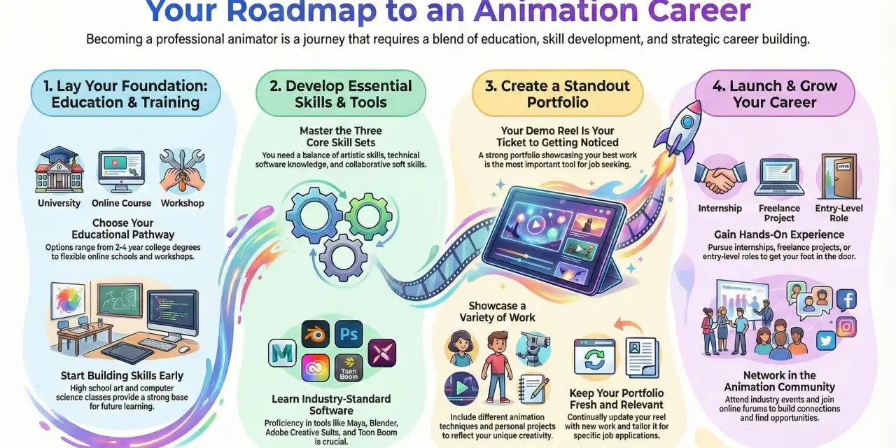 Infographie illustrant les 4 étapes pour une carrière en animation : formation, compétences, portfolio et lancement.