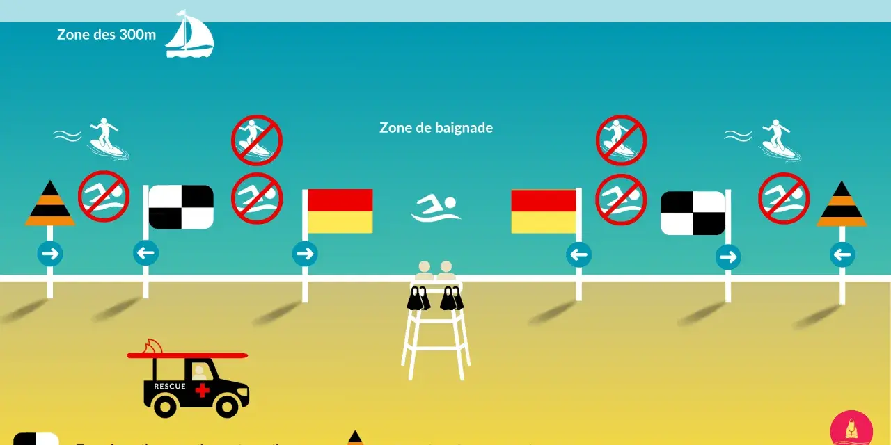 Illustration de zones de baignade et de pratiques nautiques avec drapeaux, panneaux et un véhicule de secours.