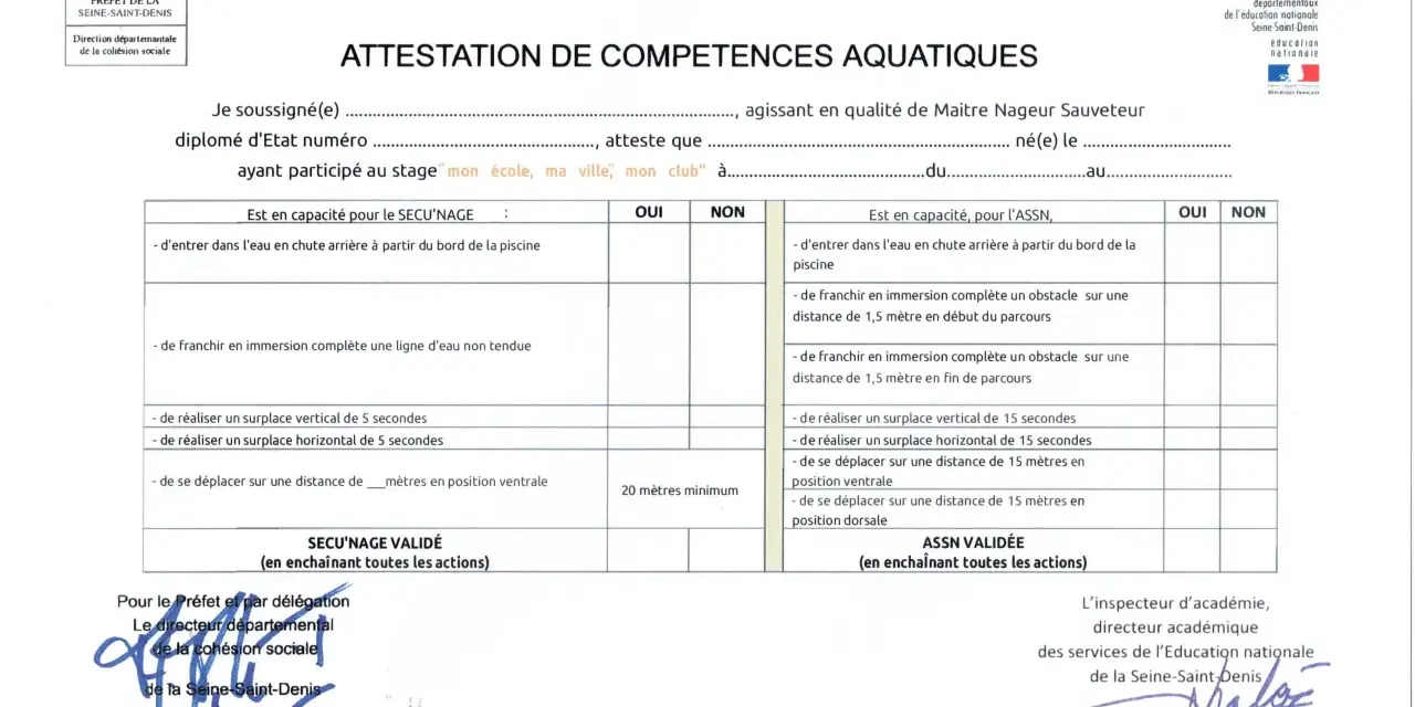 Attestation de compétences aquatiques délivrée par le Préfet de la Seine-Saint-Denis, validant les aptitudes d'un maître nageur sauveteur.