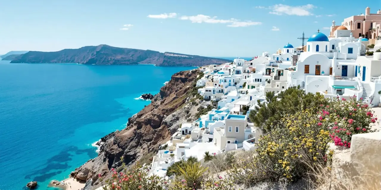 Vue panoramique de Santorin, Grèce, avec des maisons blanches et des dômes bleus surplombant la mer Égée.