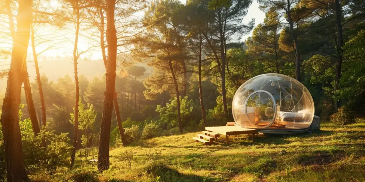 Cabane bulle transparente dans une forêt ensoleillée.