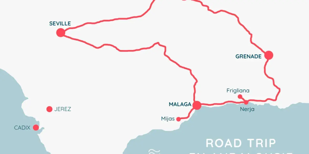 Carte d'un road trip en Andalousie avec les villes de Séville, Cordoue, Grenade, Malaga et Cadix.