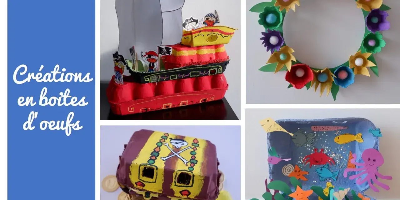Collage de créations pour enfants en boîtes d'œufs : bateau pirate, couronne de fleurs, coffre au trésor et monde marin.
