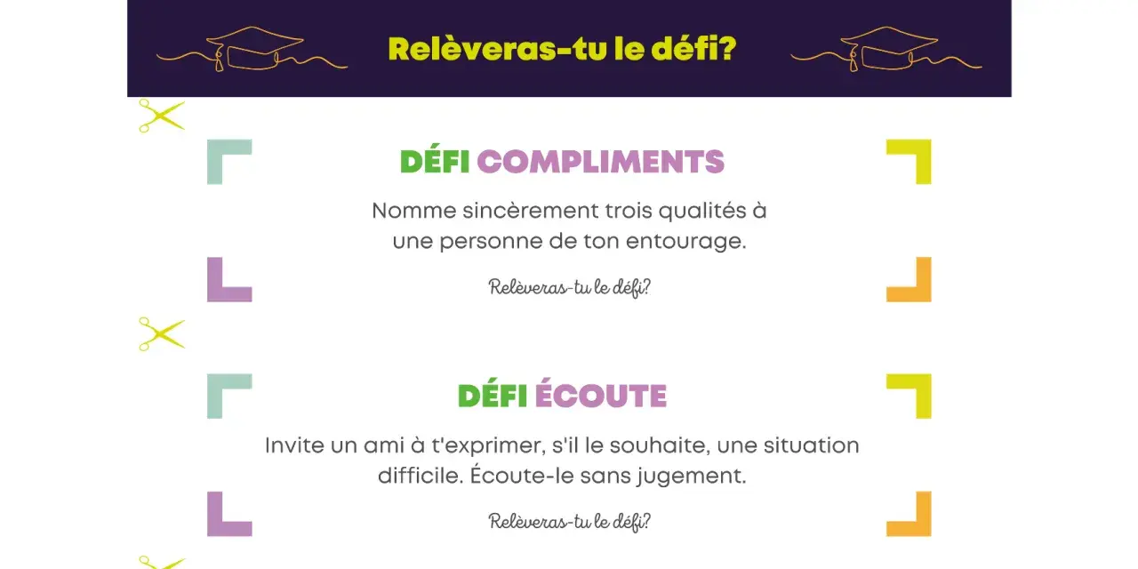Une idée de projet d'animation : des défis pour cultiver les compliments et l'écoute active, avec des visuels ludiques et des éléments à découper.