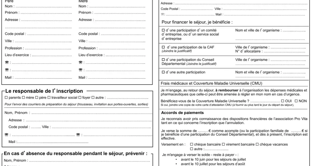 Formulaire de renseignements pour un voyage scolaire, avec sections sur les parents, le responsable de l'inscription et les modalités de paiement.