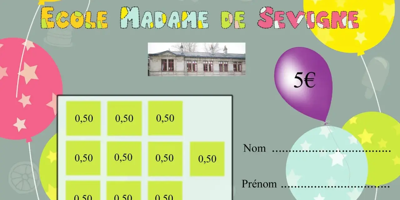 Carte à tamponner pour la kermesse de l'école Madame de Sévigné. Chaque case coûte 0,50€.