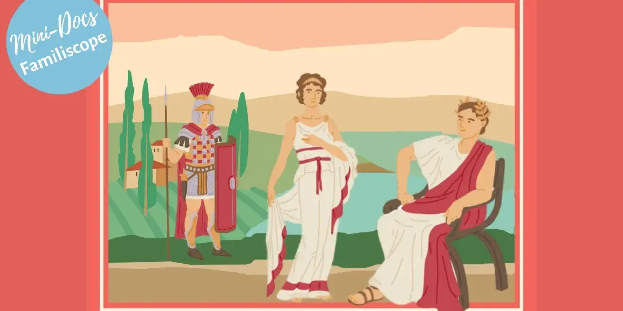 Illustration de la Rome antique avec un soldat, une femme et un homme assis.