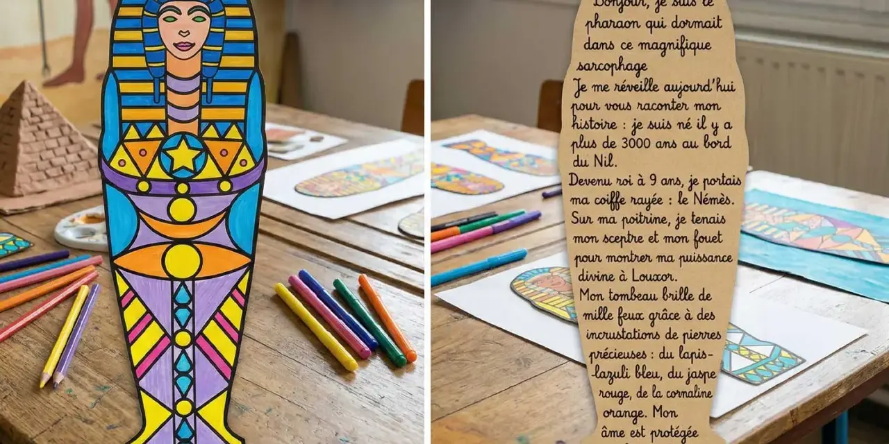 Sarcophage égyptien coloré et texte sur papyrus, sur une table avec des feutres.