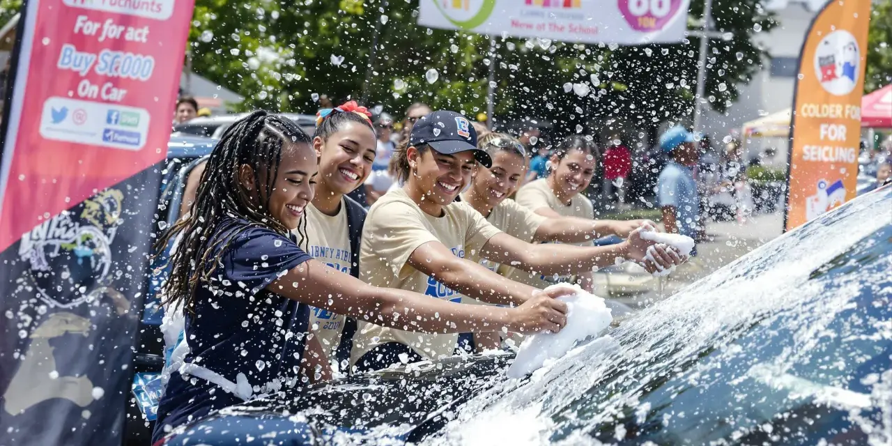 Des jeunes lavent une voiture pour récolter des fonds. Une idée pour comment financer un voyage scolaire.