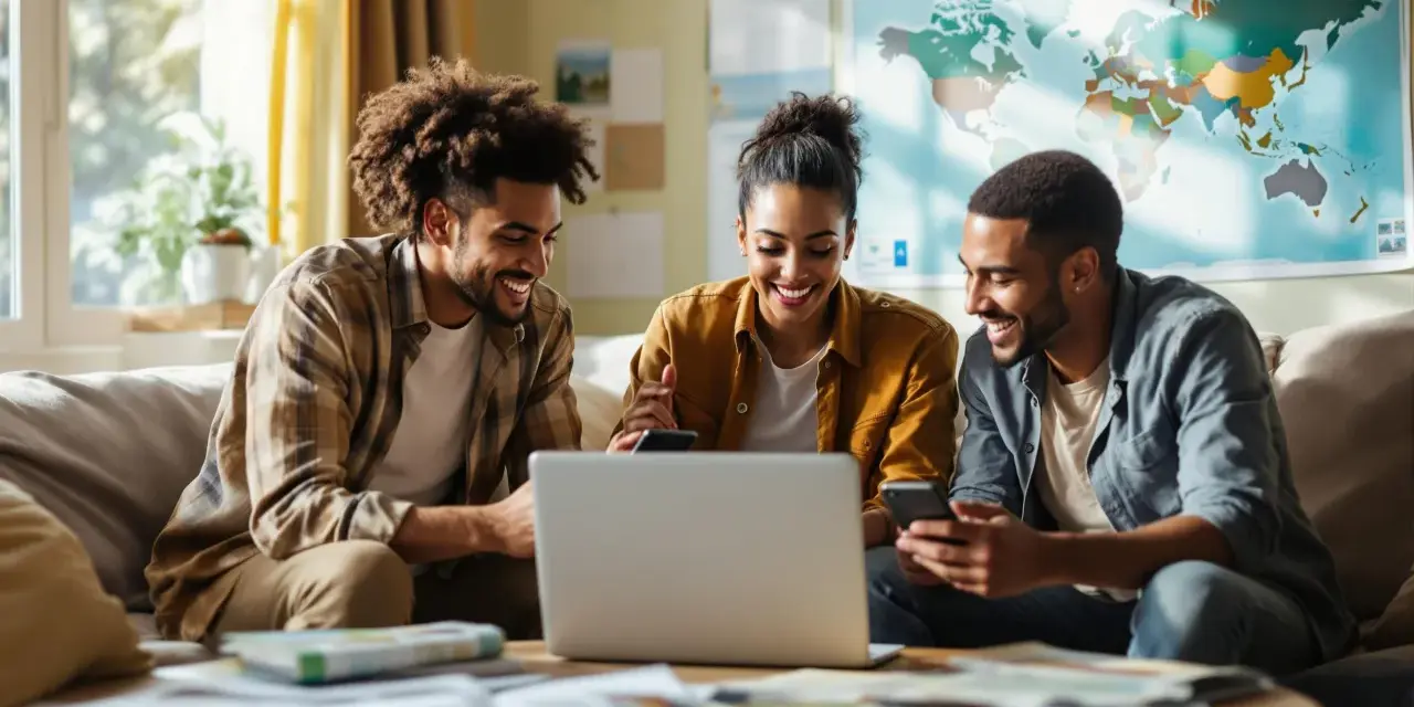 Trois jeunes adultes souriants regardent un ordinateur portable sur un canapé, une carte du monde au mur.