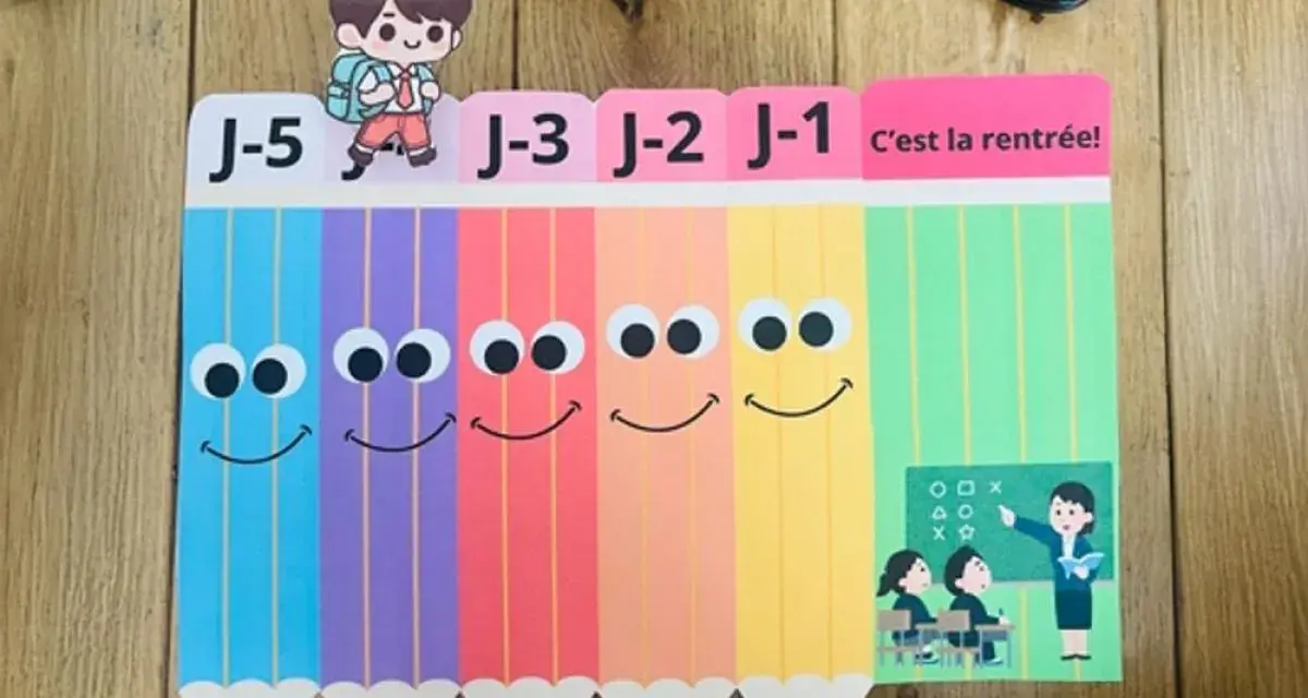 Illustration de crayons colorés souriants avec des étiquettes "J-5" à "J-1" et "C'est la rentrée!".