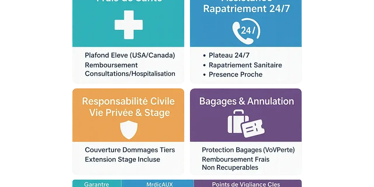 Tableau récapitulatif des garanties d'assurance voyage scolaire : frais de santé, rapatriement, responsabilité civile, bagages et annulation.