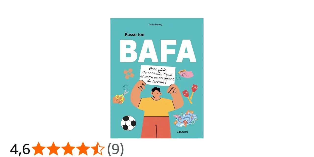 Illustration d'une couverture de livre "Passe ton BAFA" avec un personnage tenant une pancarte et des icônes d'activités.