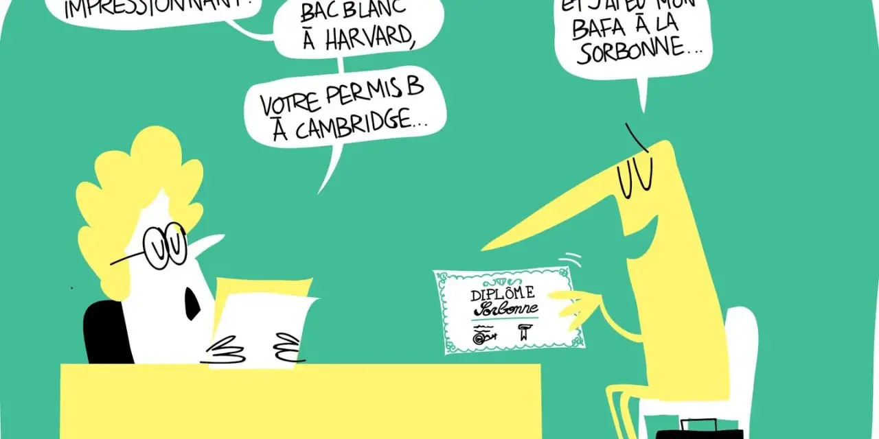 Dessin humoristique : un candidat présente un diplôme de la Sorbonne, tandis qu'un recruteur lit des qualifications impressionnantes.