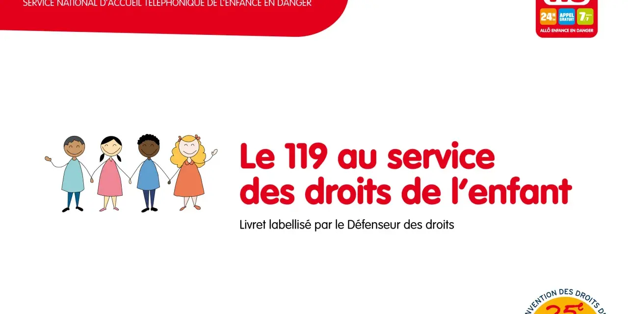 Dessin d'enfants de différentes origines se tenant la main, avec le numéro 119 et le texte "Le 119 au service des droits de l'enfant".