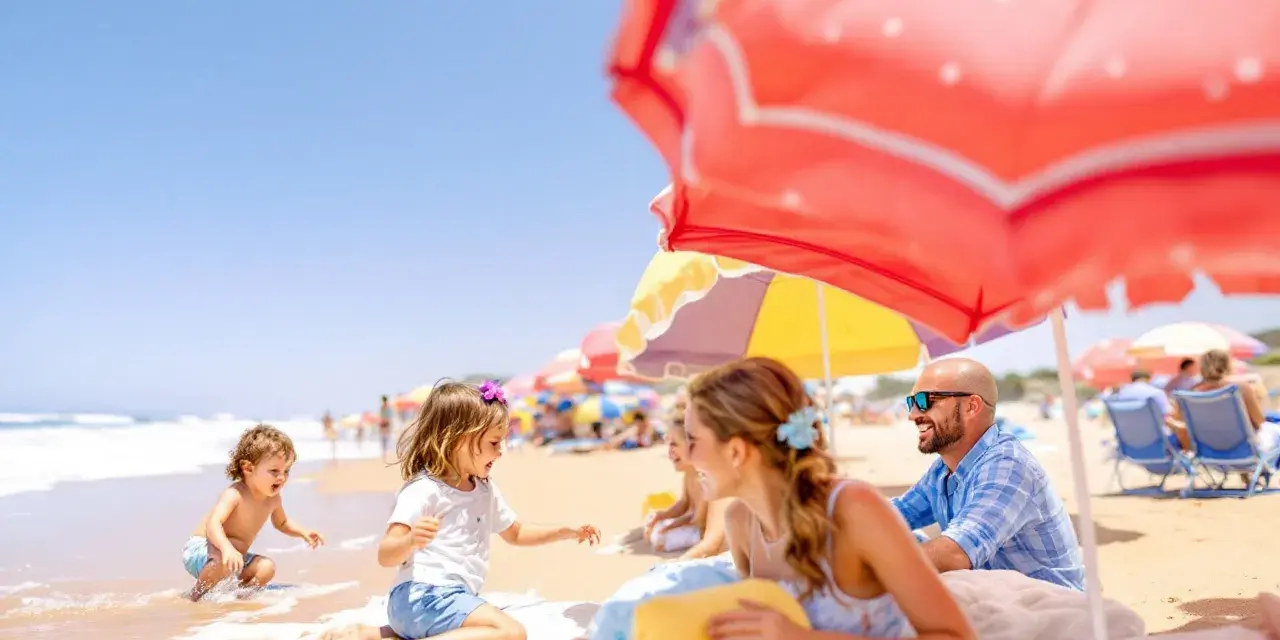 Famille souriante sur une plage ensoleillée, sous des parasols colorés, avec des enfants jouant dans l'eau.
