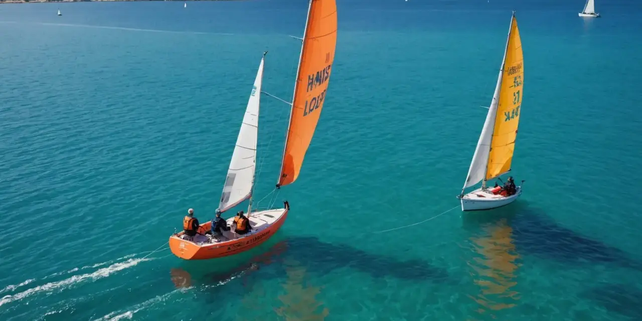 Deux voiliers naviguent sur une mer turquoise, l'un avec une voile orange, l'autre jaune.