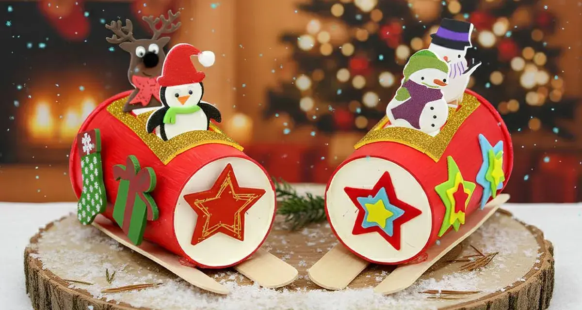 Deux traîneaux de Noël en carton décorés de pingouins, bonhommes de neige et rennes, sur un fond festif.